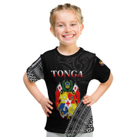Kids black T-shirt with large Tonga crest and tribal pattern side print