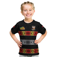Kids black rugby T-shirt with The Hunters front crest and colorful tribal stripe graphic