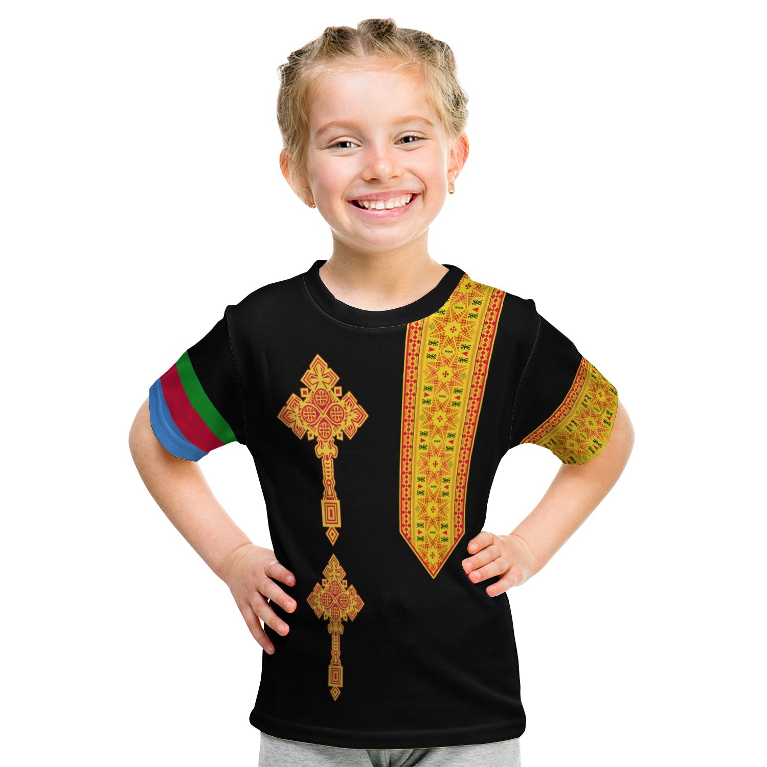 Eritrea Tibeb T Shirt KID Eritrean Cross Mix Flag Version Black LT13 - Wonder Print Shop