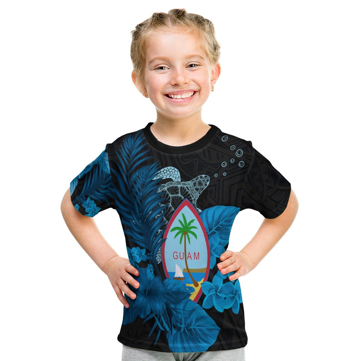 Custom Guam Seal T Shirt KID Polynesian Turtle with Flowers Version Blue LT13 - Wonder Print Shop