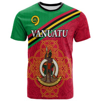 Vanuatu graphic T-shirt, green and red with Vanuatu lettering and central emblem