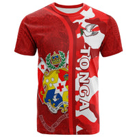 Red Tongan-themed camo T-shirt with white dove graphic and crest in vertical stripe