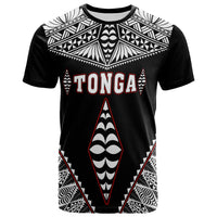 Black Tonga T-shirt with large kupesi pattern, bold “TONGA” front graphic