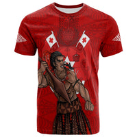 Red Tonga warriors T-shirt with central warrior graphic and tribal pattern front