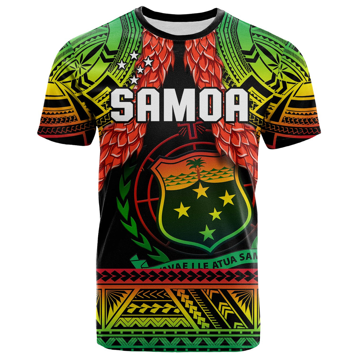 Samoa rugby t-shirt front with bold SAMOA text and crest graphic on black base