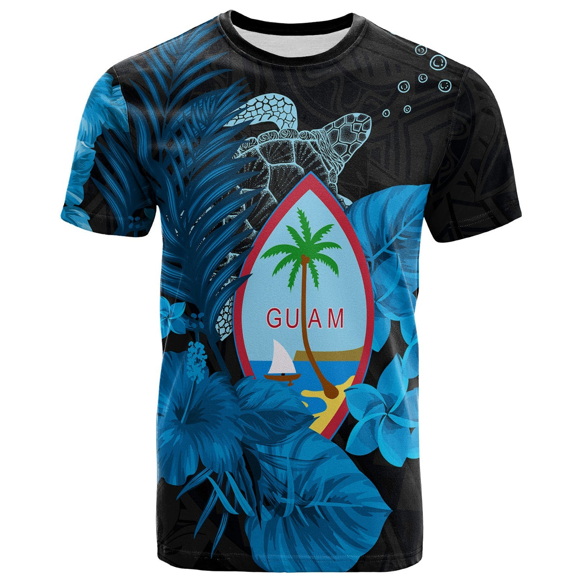 Custom Guam Seal T Shirt Polynesian Turtle with Flowers Version Blue LT13 - Wonder Print Shop