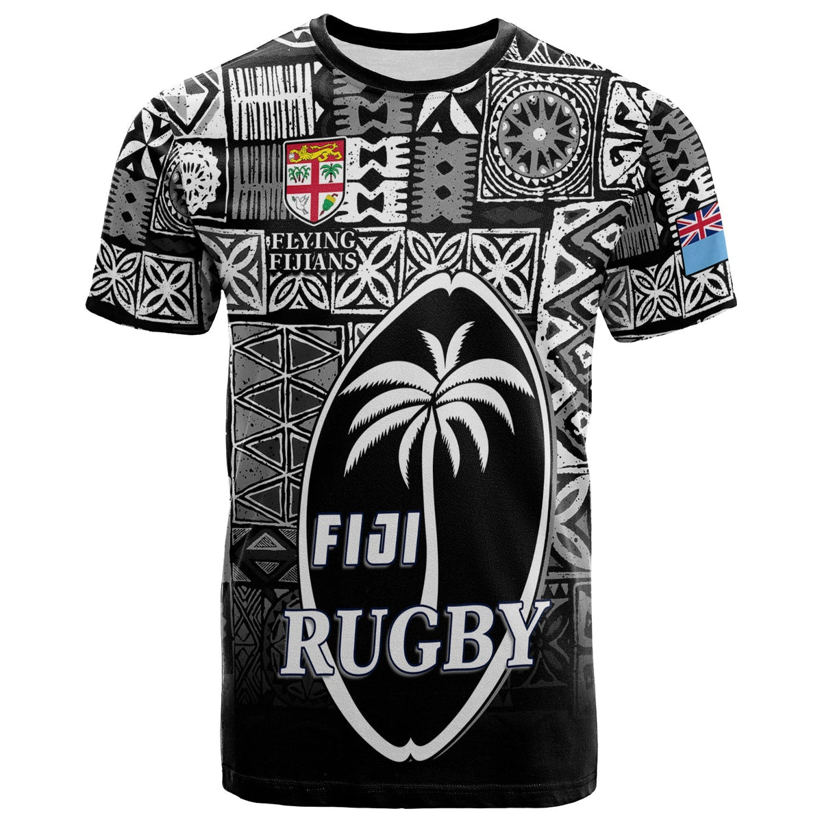 Custom Fiji Rugby T Shirt Flying Fijians Black Tapa Pattern LT13 - Wonder Print Shop
