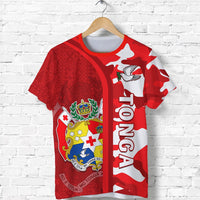 Red Tongan camouflage T-shirt front with crest shield, cross symbols, white dove