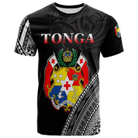 Black Tonga graphic T-shirt with TONGA text, crest, and tribal sleeve patterns