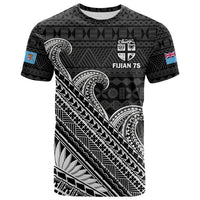 Black rugby tapa print T-shirt with Fiji 7s graphic and crest, short sleeves