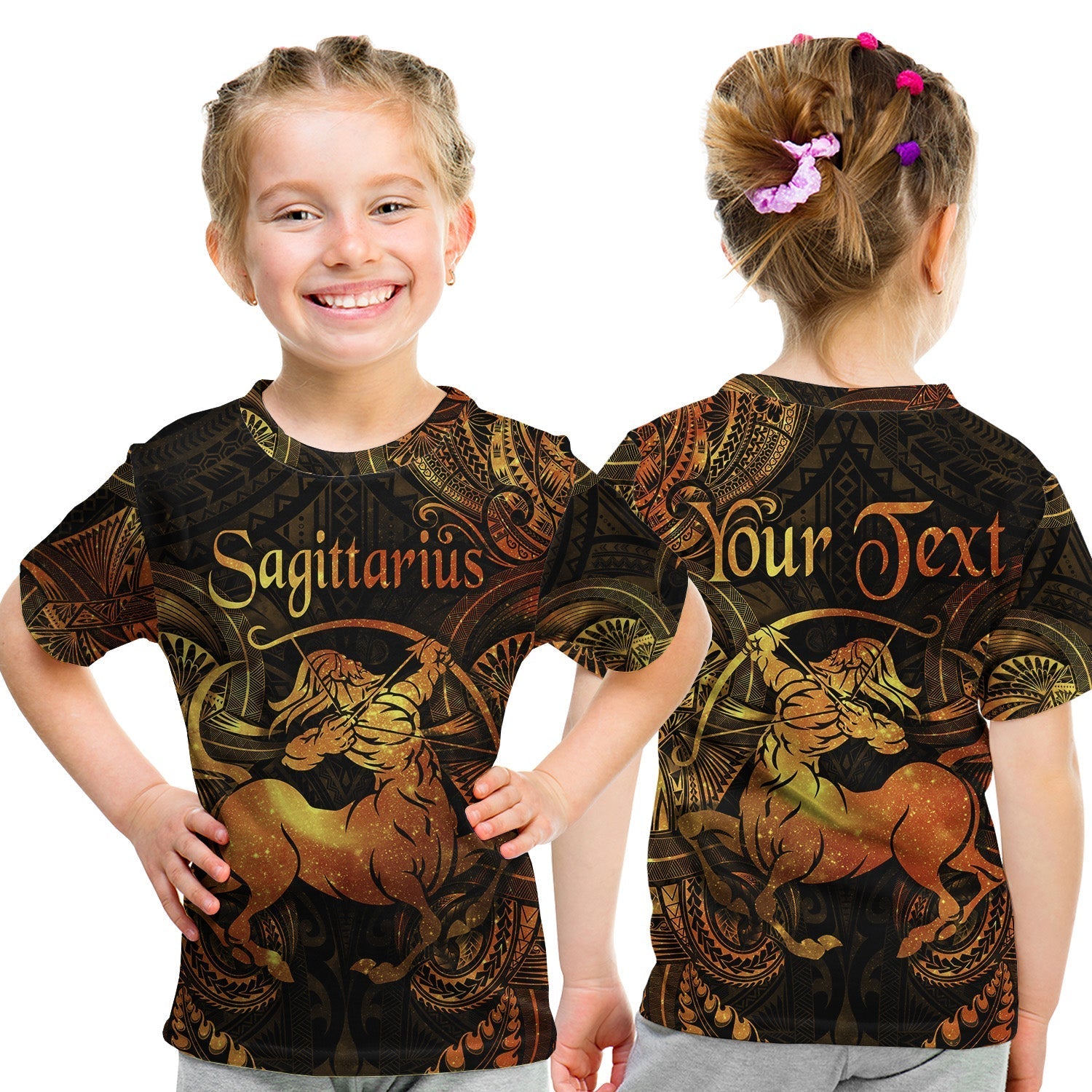 Custom Sagittarius Zodiac Polynesian T Shirt KID Unique Style Gold LT8 - Wonder Print Shop