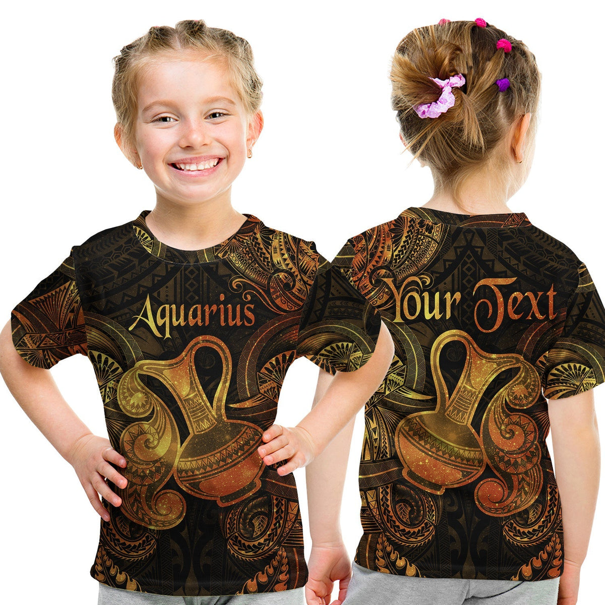 Custom Aquarius Zodiac Polynesian T Shirt KID Unique Style Gold LT8 - Wonder Print Shop