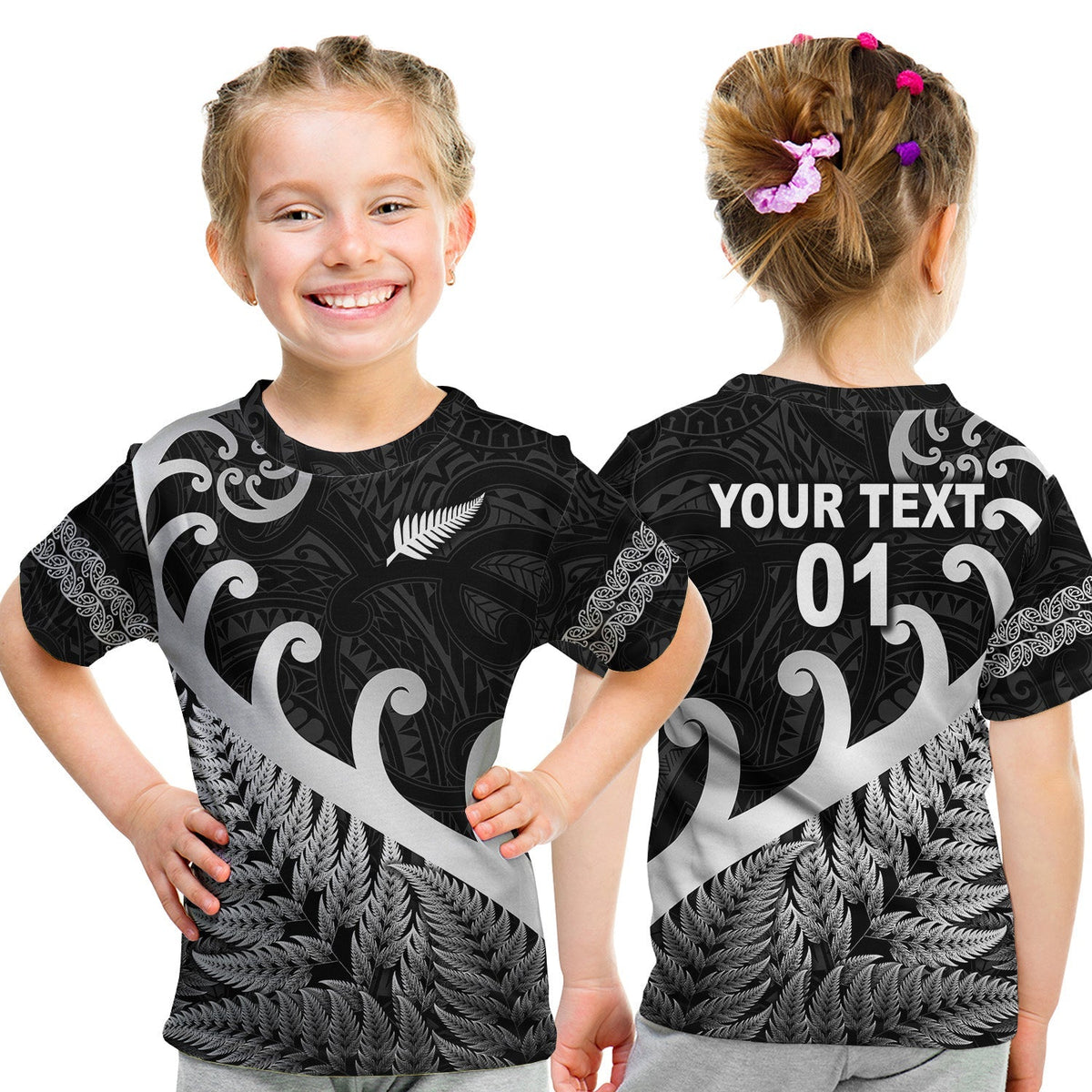 Custom New Zealand Rugby Maori T Shirt KID Silver Fern Koru Vibes Black LT8 - Wonder Print Shop