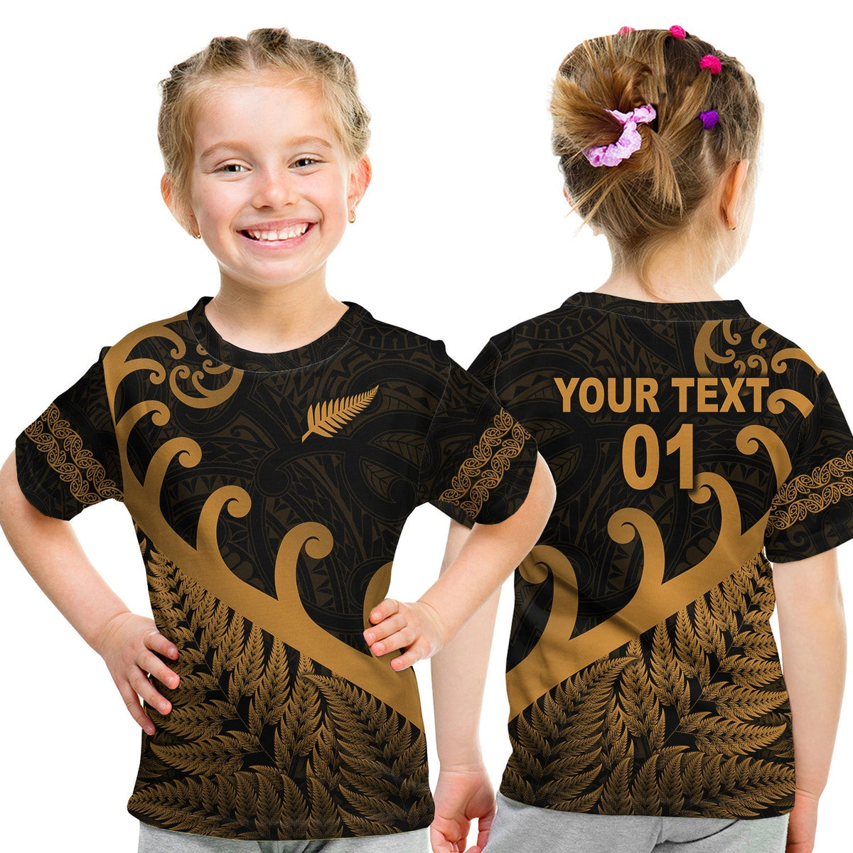Custom New Zealand Rugby Maori T Shirt KID Silver Fern Koru Vibes Gold LT8 - Wonder Print Shop