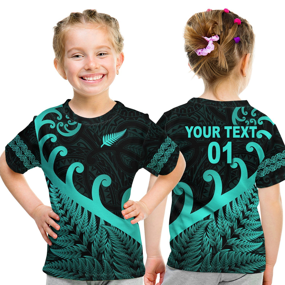 Custom New Zealand Rugby Maori T Shirt KID Silver Fern Koru Vibes Turquoise LT8 - Wonder Print Shop