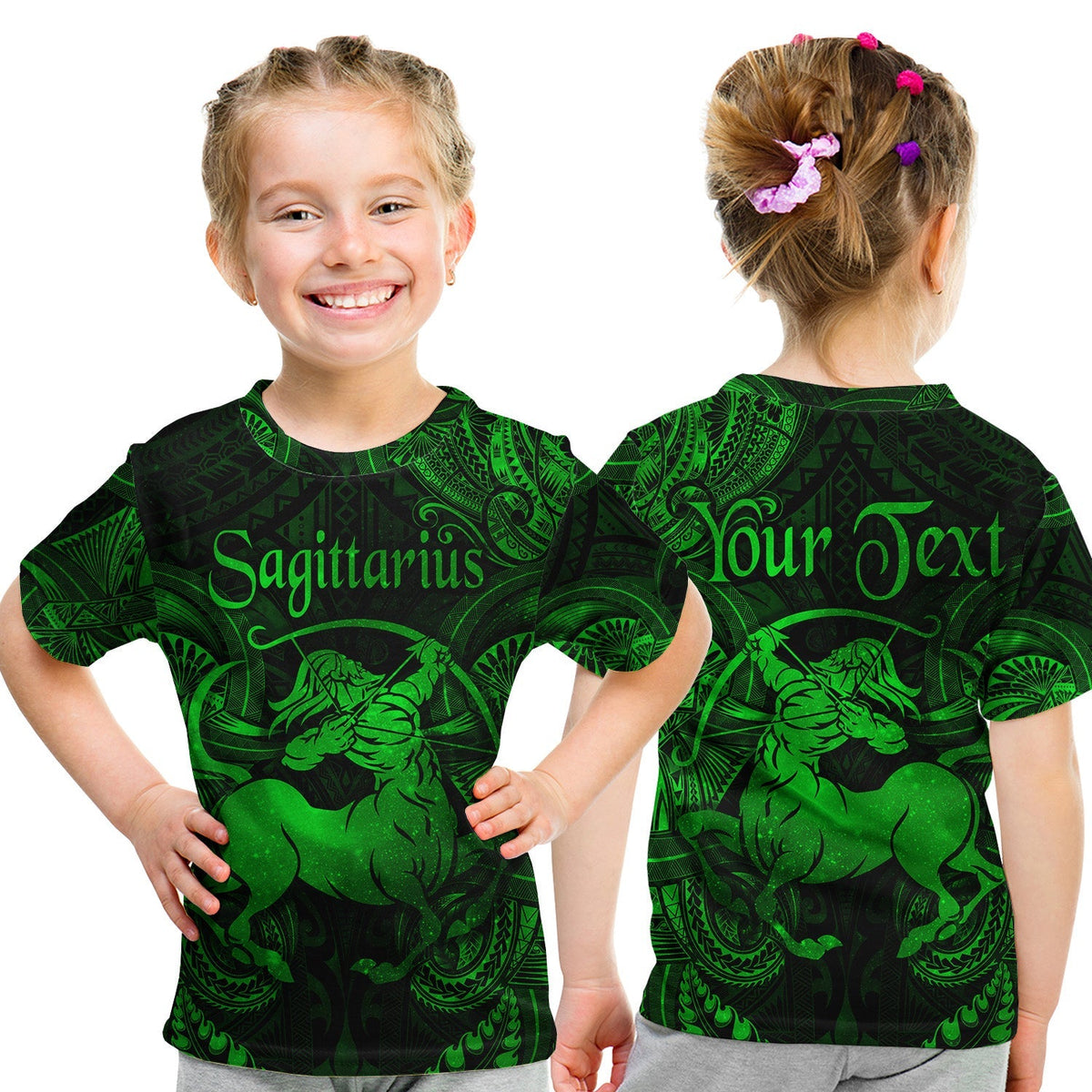 Custom Sagittarius Zodiac Polynesian T Shirt KID Unique Style Green LT8 - Wonder Print Shop