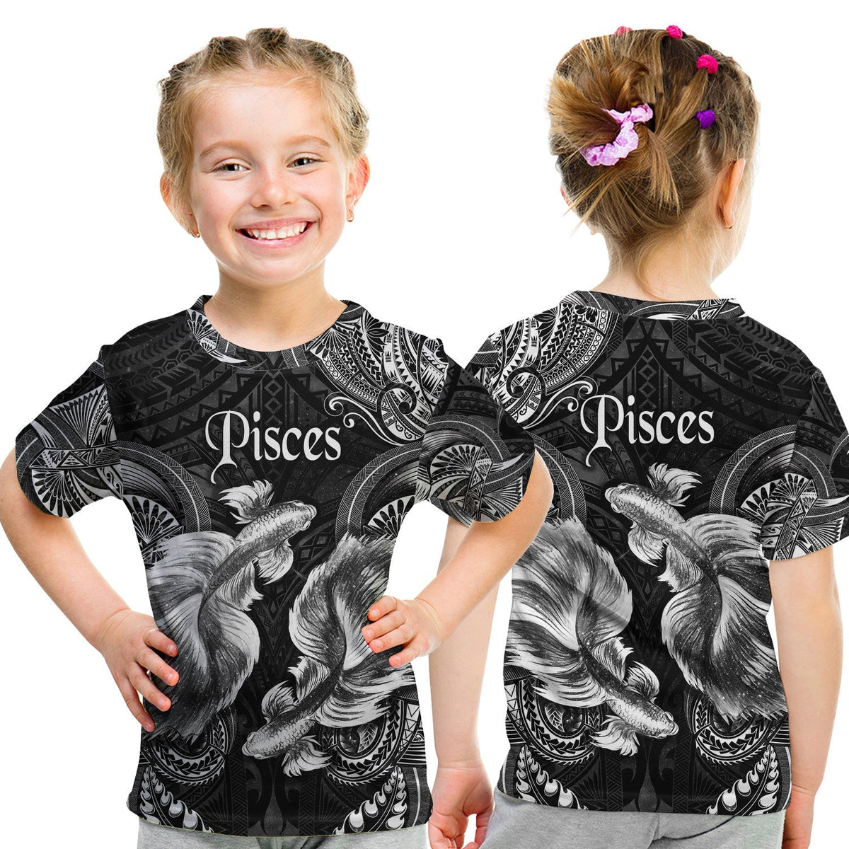 Pisces Zodiac Polynesian T Shirt KID Unique Style Black LT8 - Wonder Print Shop