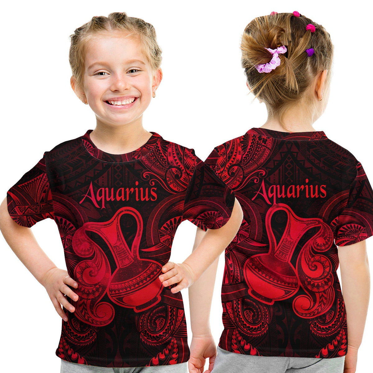 Aquarius Zodiac Polynesian T Shirt KID Unique Style Red LT8 - Wonder Print Shop