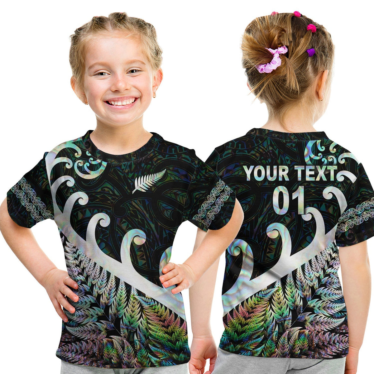 Custom New Zealand Rugby Maori T Shirt KID Silver Fern Koru Vibes Paua Shell LT8 - Wonder Print Shop