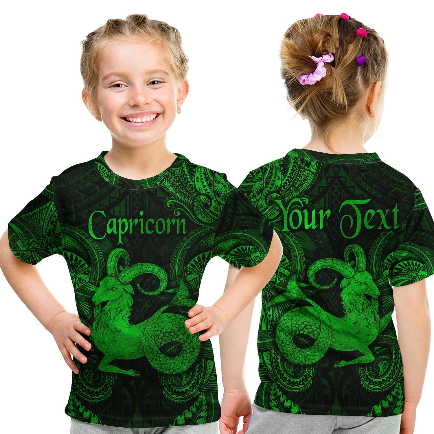 custom-personalised-capricorn-zodiac-polynesian-t-shirt-kid-unique-style-green