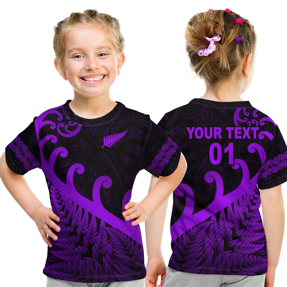 Custom New Zealand Rugby Maori T Shirt KID Silver Fern Koru Vibes Purple LT8 - Wonder Print Shop