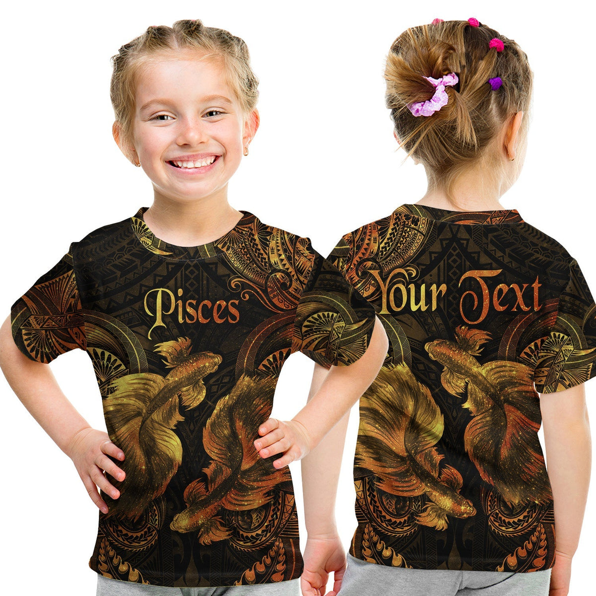 Custom Pisces Zodiac Polynesian T Shirt KID Unique Style Gold LT8 - Wonder Print Shop