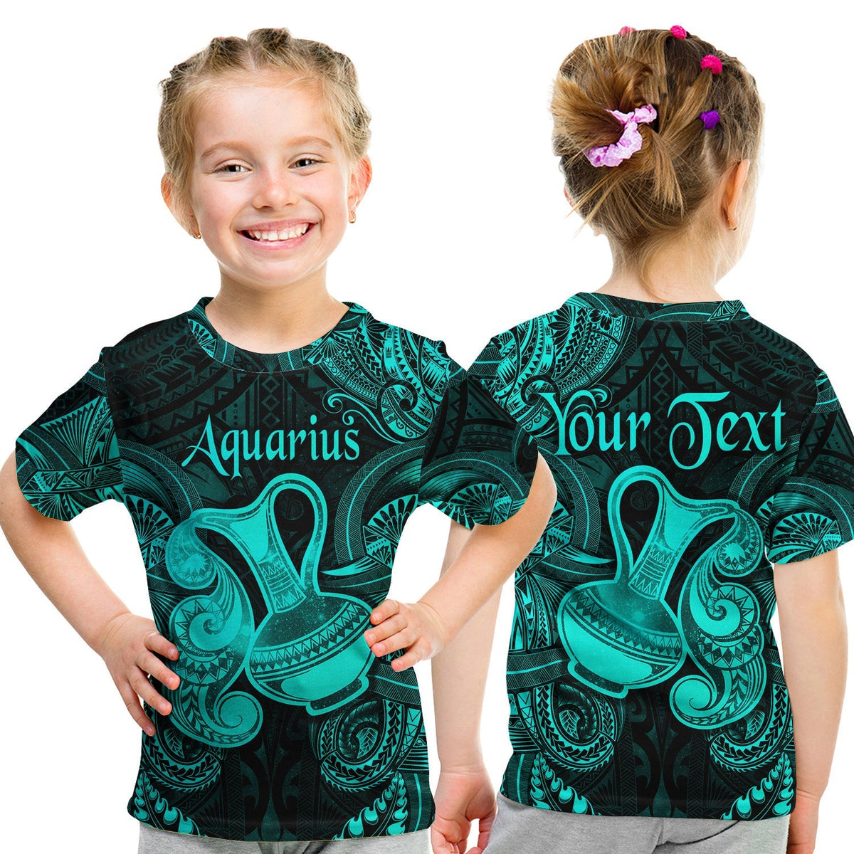 Custom Aquarius Zodiac Polynesian T Shirt KID Unique Style Turquoise LT8 - Wonder Print Shop