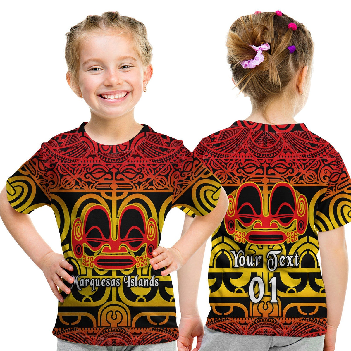 Custom Marquesas Islands T Shirt KID Marquesan Tattoo Simple Style Gradient Red LT8 - Wonder Print Shop