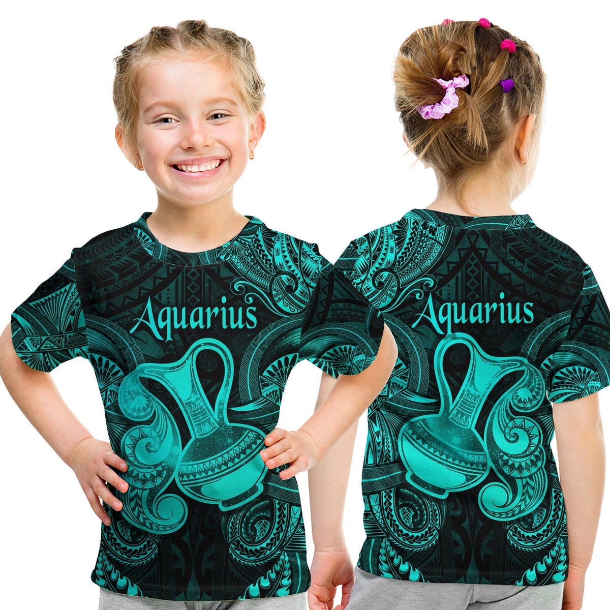 Aquarius Zodiac Polynesian T Shirt KID Unique Style Turquoise LT8 - Wonder Print Shop