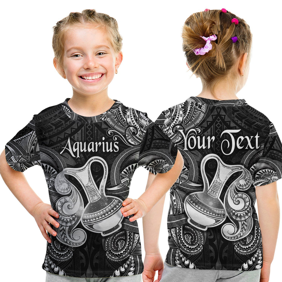 Custom Aquarius Zodiac Polynesian T Shirt KID Unique Style Black LT8 - Wonder Print Shop