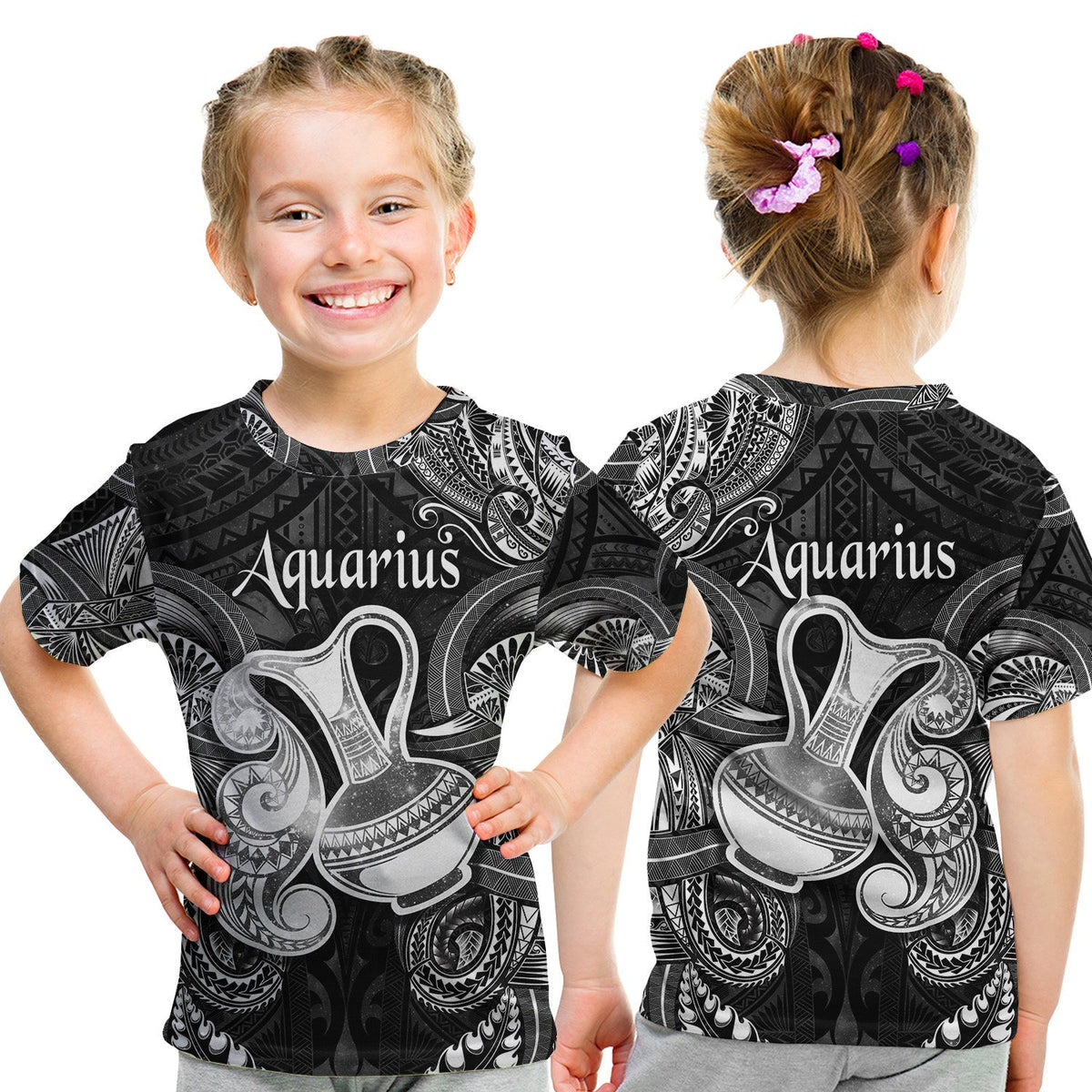 Aquarius Zodiac Polynesian T Shirt KID Unique Style Black LT8 - Wonder Print Shop