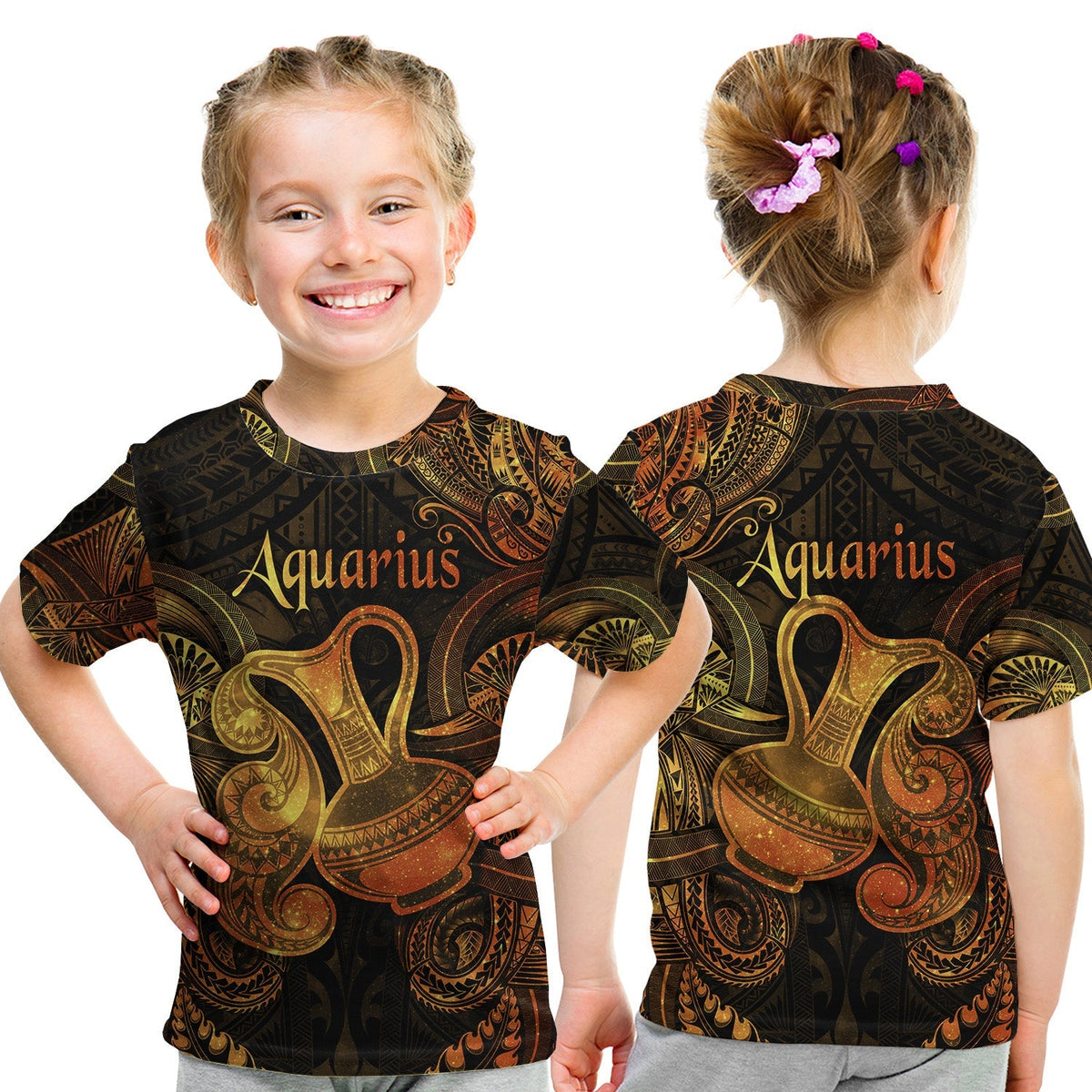 Aquarius Zodiac Polynesian T Shirt KID Unique Style Gold LT8 - Wonder Print Shop