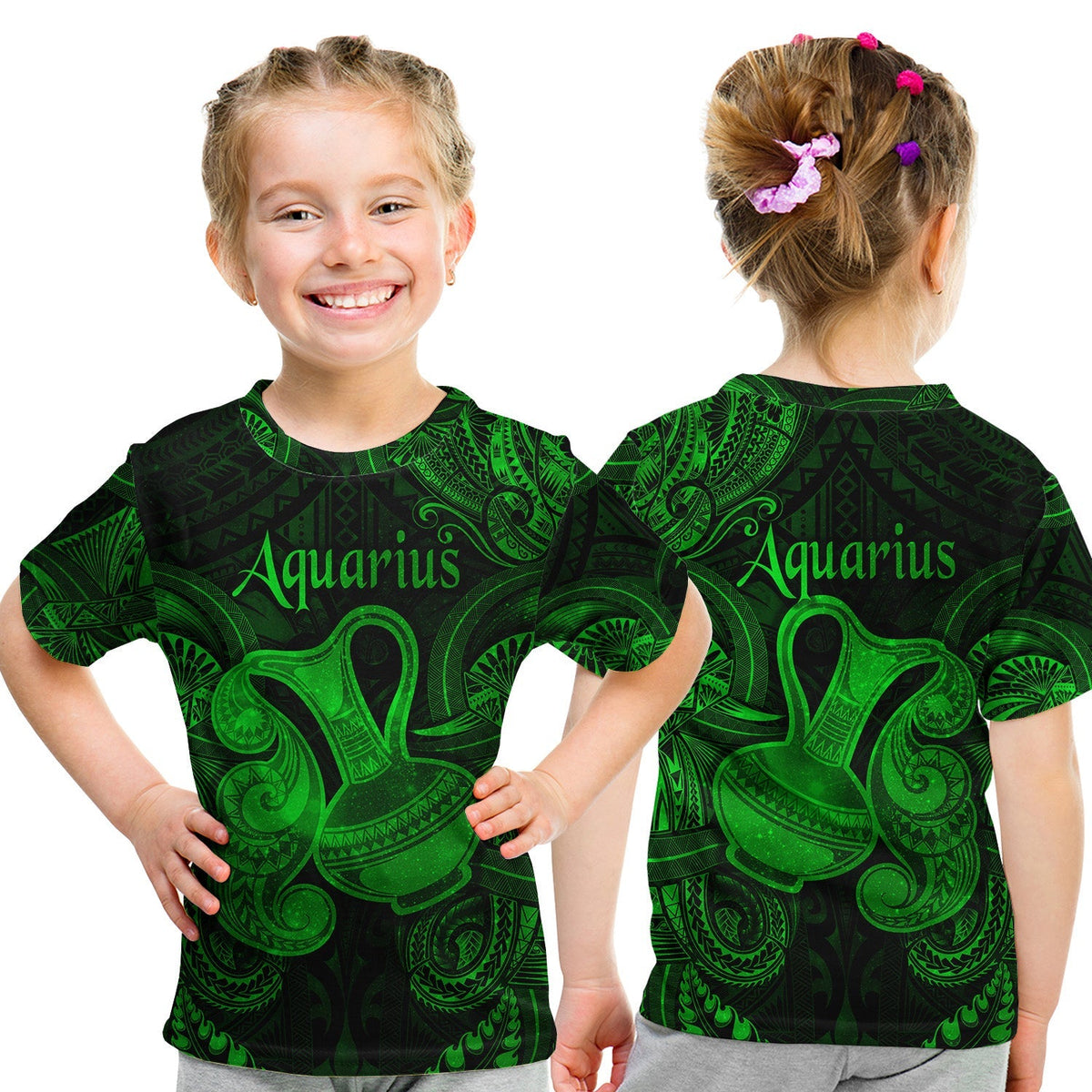 Aquarius Zodiac Polynesian T Shirt KID Unique Style Green LT8 - Wonder Print Shop