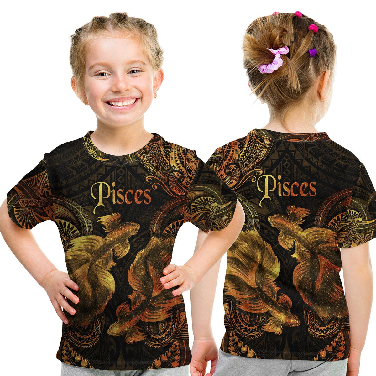 Pisces Zodiac Polynesian T Shirt KID Unique Style Gold LT8 - Wonder Print Shop