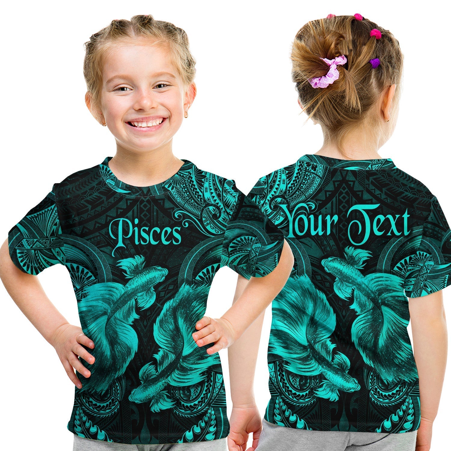 Custom Pisces Zodiac Polynesian T Shirt KID Unique Style Turquoise LT8 - Wonder Print Shop