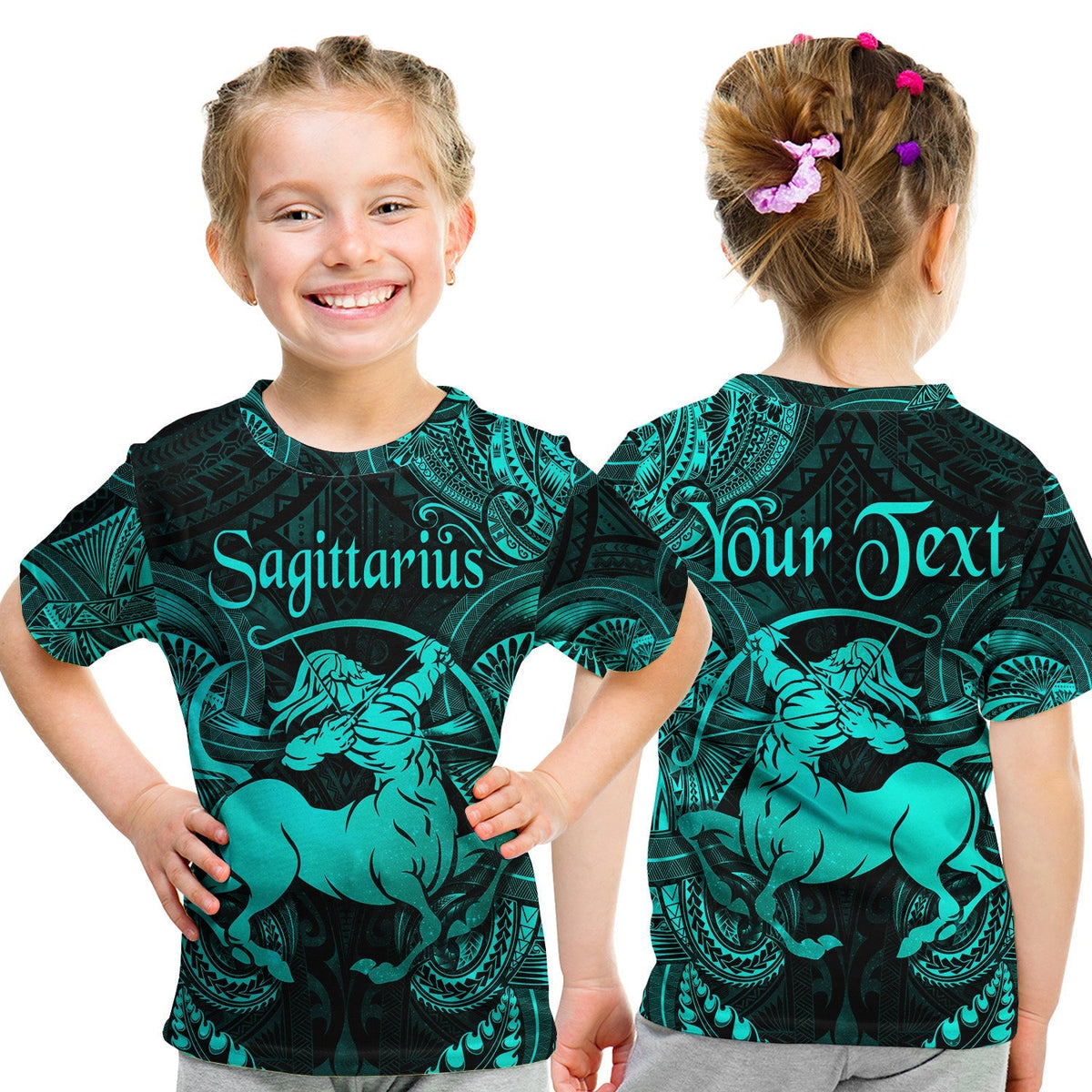 Custom Sagittarius Zodiac Polynesian T Shirt KID Unique Style Turquoise LT8 - Wonder Print Shop
