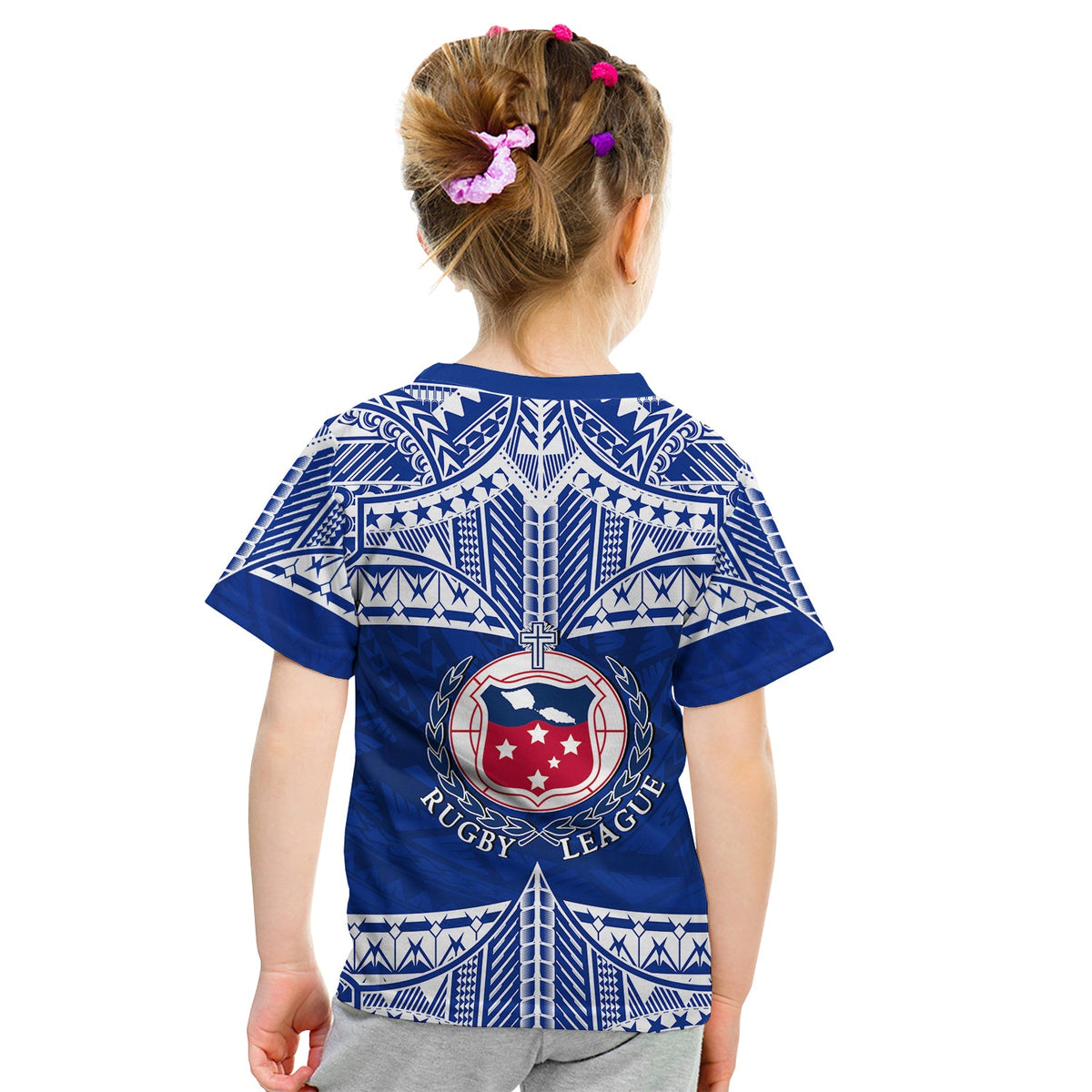 Kids rugby T-shirt back view in blue with tribal pattern and Rugby League crest