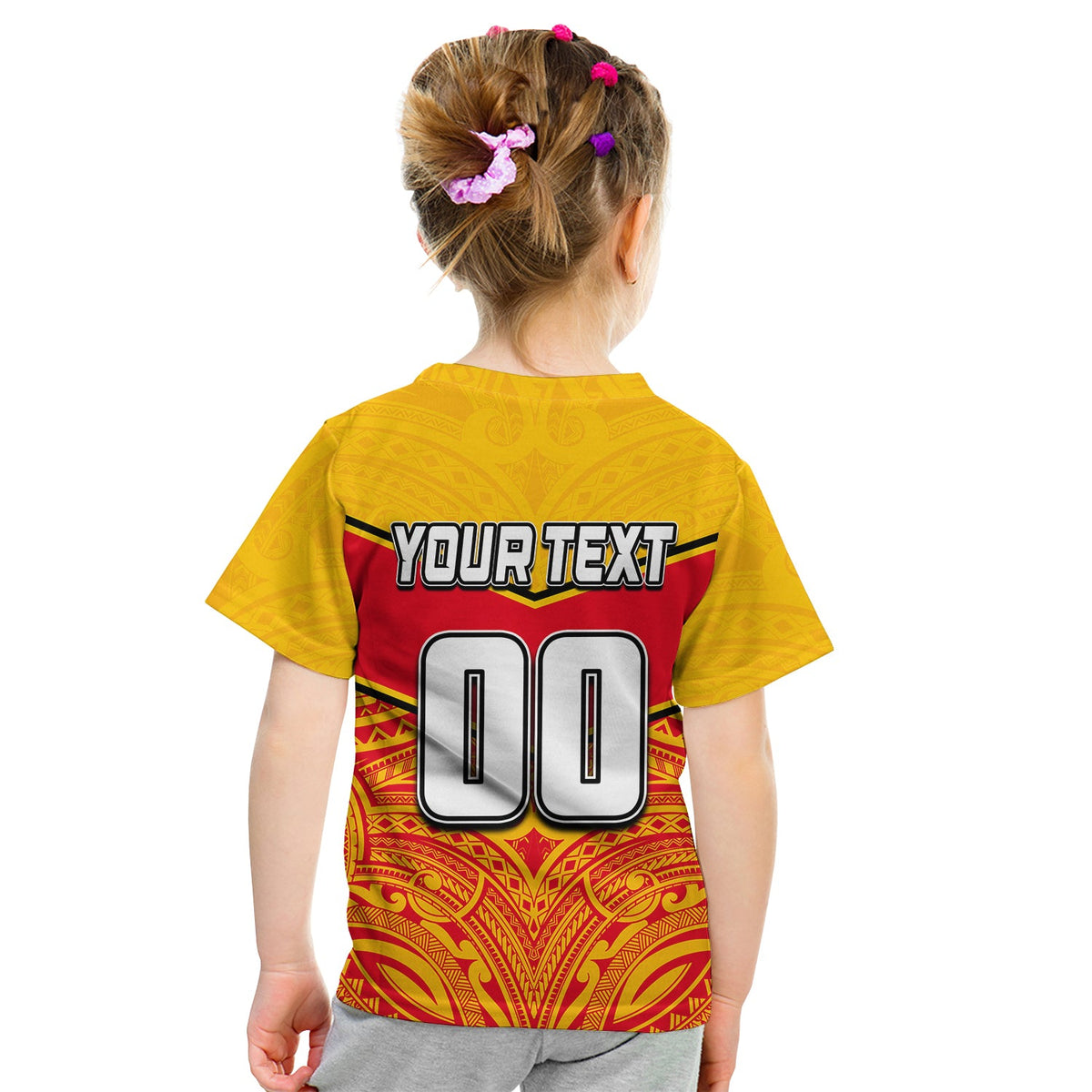 Kids yellow T-shirt back with YOUR TEXT and large 00 numbers over tribal pattern