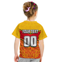 Kids yellow T-shirt back with YOUR TEXT and large 00 numbers over tribal pattern