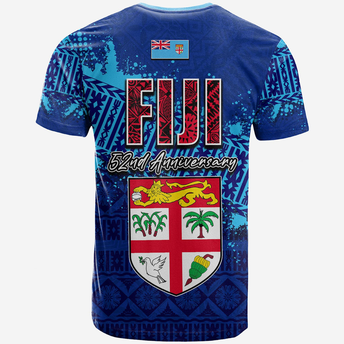 Blue Fiji 52nd anniversary T-shirt back graphic with shield and lettering