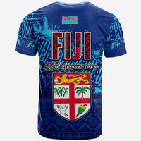 Blue Fiji 52nd anniversary T-shirt back graphic with shield and lettering
