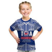 Kids rugby T-shirt in blue with tribal pattern and crest graphic, short sleeves