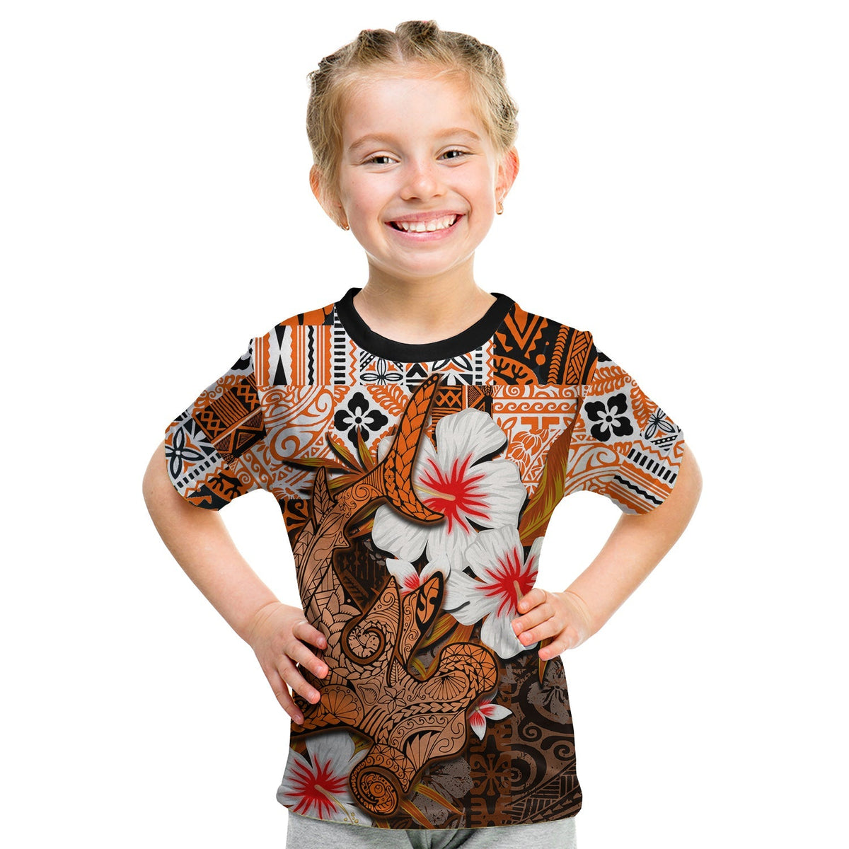 Custom Polynesian Hammerhead shark T Shirt KID Hawaii Style Orange LT6 - Wonder Print Shop