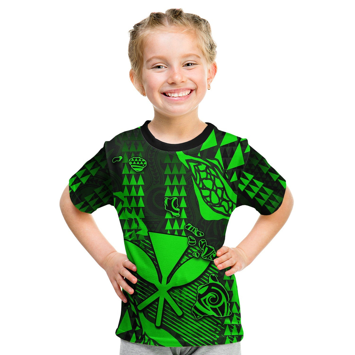 Custom Hawaii Kanaka Map T Shirt KID Green Style LT6 - Wonder Print Shop