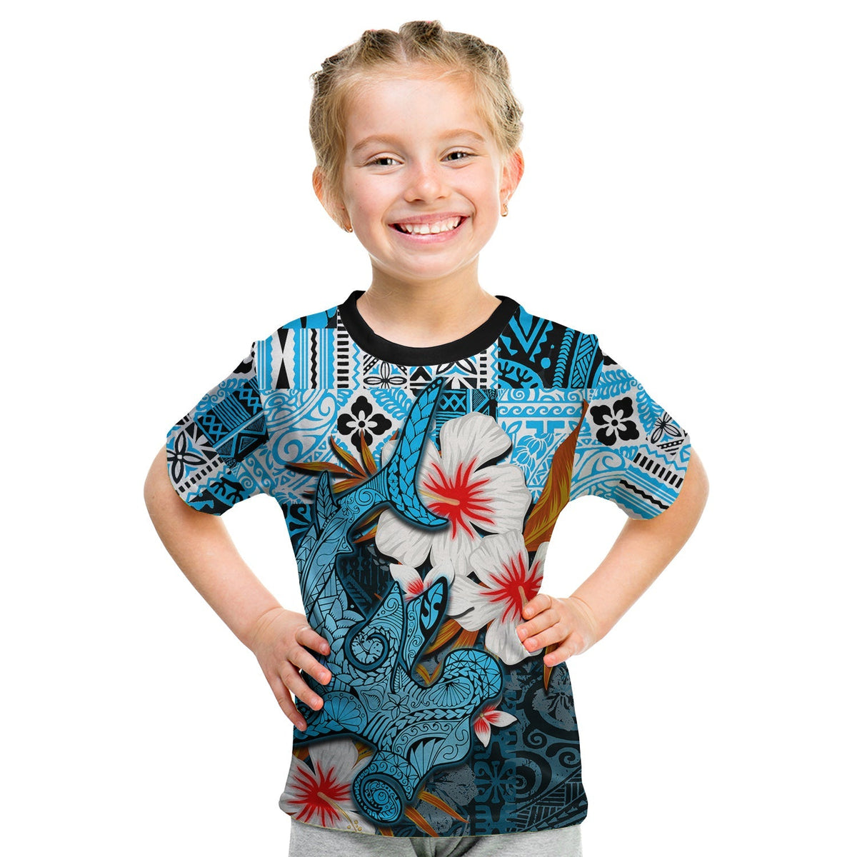 Custom Polynesian Hammerhead shark T Shirt KID Hawaii Style Blue LT6 - Wonder Print Shop