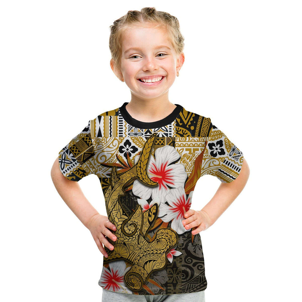 Custom Polynesian Hammerhead shark T Shirt KID Hawaii Style Gold LT6 - Wonder Print Shop