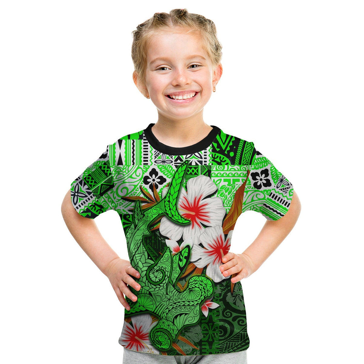 Custom Polynesian Hammerhead shark T Shirt KID Hawaii Style Green LT6 - Wonder Print Shop