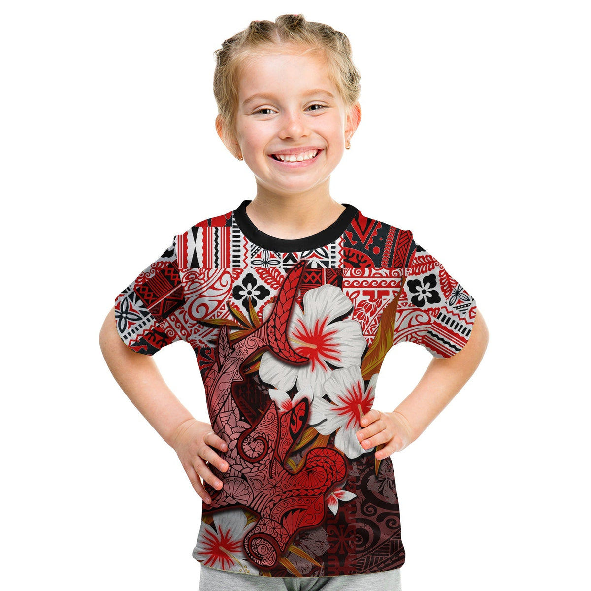 Custom Polynesian Hammerhead shark T Shirt KID Hawaii Style Red LT6 - Wonder Print Shop