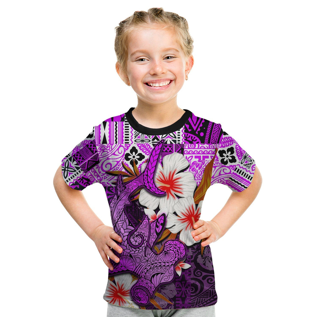 Custom Polynesian Hammerhead shark T Shirt KID Hawaii Style Purple LT6 - Wonder Print Shop