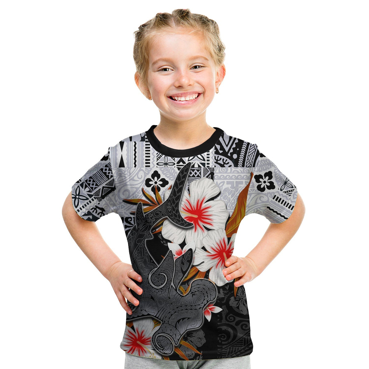 Custom Polynesian Hammerhead shark T Shirt KID Hawaii Style White LT6 - Wonder Print Shop